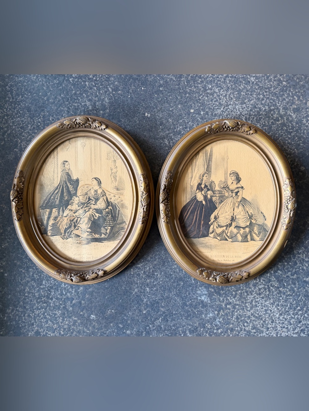 Antique Oval framed La Mode Illustree‎ Ladies in Gowns Paris mid 1800's set 2